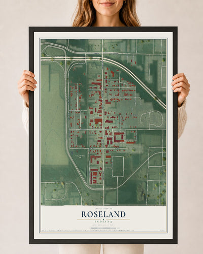 Map of Roseland, Indiana, 24 x 36 inch print in a black wood frame