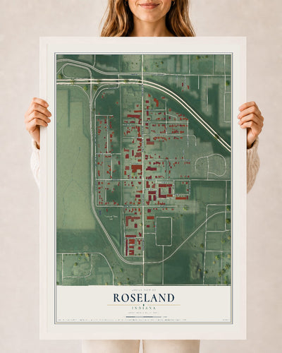 Map of Roseland, Indiana, 24 x 36 inch print in a white wood frame