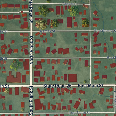 Close-up of the map of Rossville, Indiana print showing street and building detail
