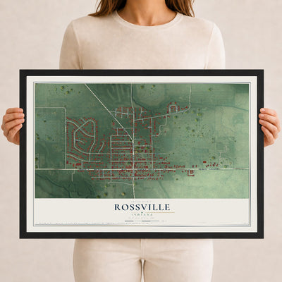 Map of Rossville, Indiana, 12 x 18 inch print in a black wood frame
