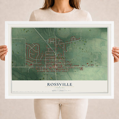 Map of Rossville, Indiana, 18 x 24 inch print in a white wood frame