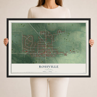 Map of Rossville, Indiana, 24 x 36 inch print in a black wood frame