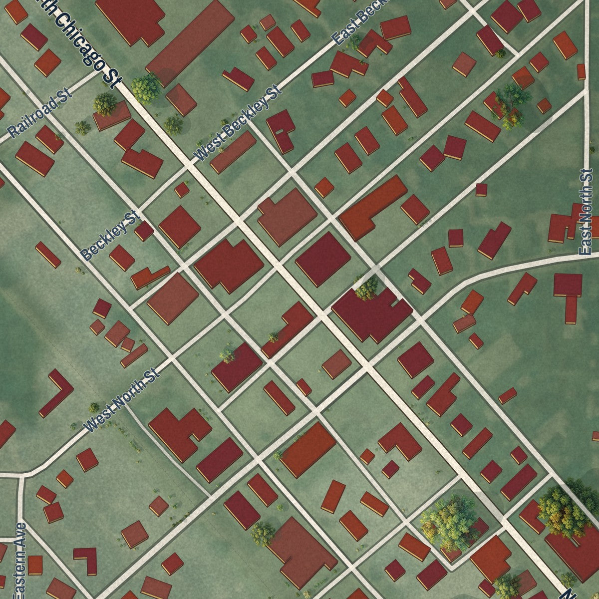 Close-up of the map of Royal Center, Indiana print showing street and building detail