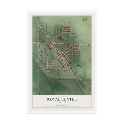 Map of Royal Center, Indiana, 12 x 18 inch print in a white wood frame