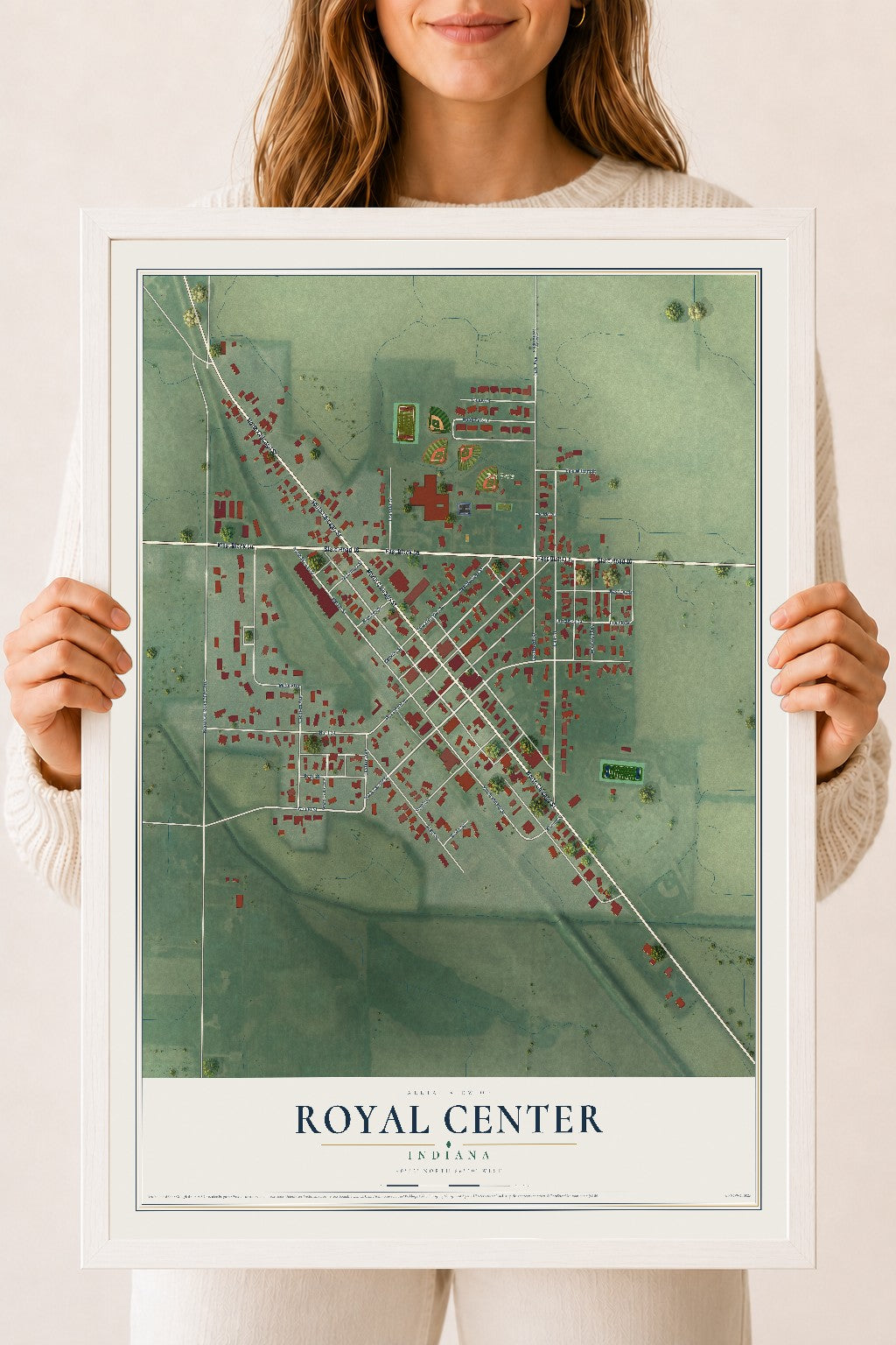 Map of Royal Center, Indiana, 18 x 24 inch print in a white wood frame