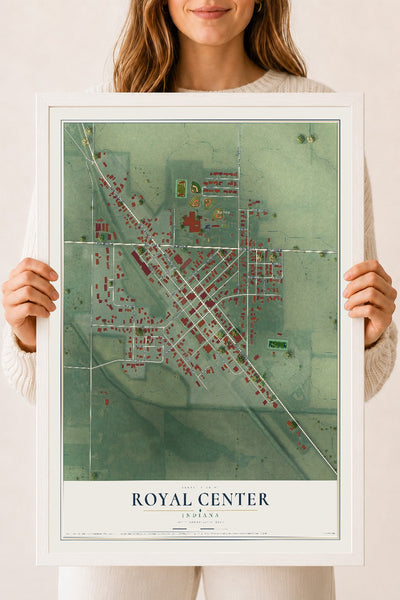 Map of Royal Center, Indiana, 18 x 24 inch print in a white wood frame