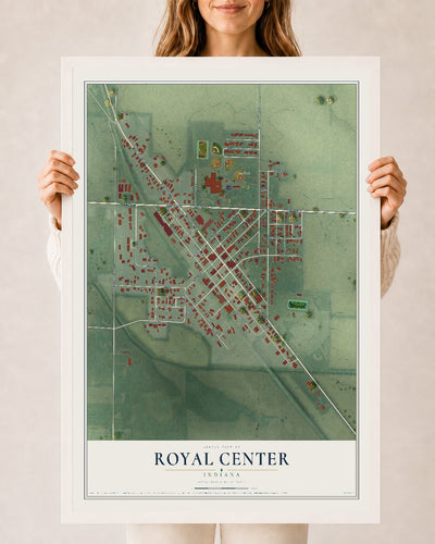 Map of Royal Center, Indiana, 24 x 36 inch print in a white wood frame