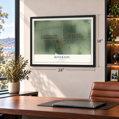 Royerton, Indiana map, 18 x 24 inch print in a black frame in a home office