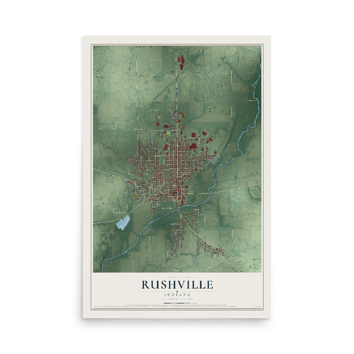 Map of Rushville, Indiana, 12 x 18 inch unframed archival matte print