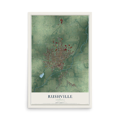 Map of Rushville, Indiana, 12 x 18 inch unframed archival matte print