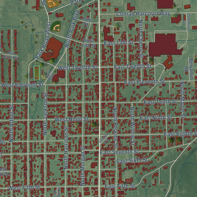 Close-up of the map of Rushville, Indiana print showing street and building detail