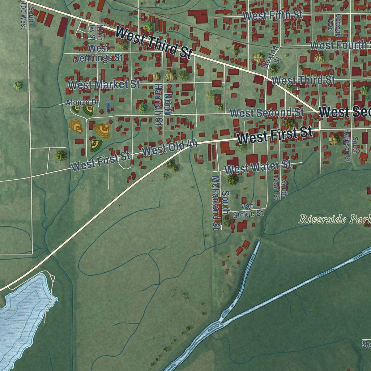 Second close-up of the map of Rushville, Indiana print showing more streets and buildings