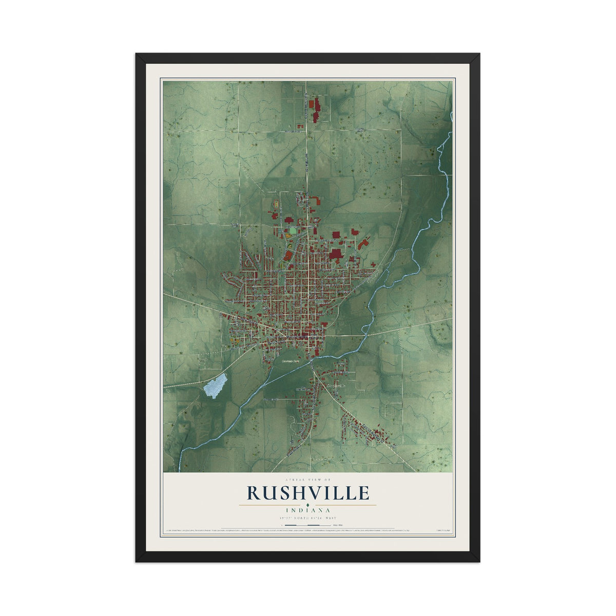 Map of Rushville, Indiana, 12 x 18 inch print in a black wood frame