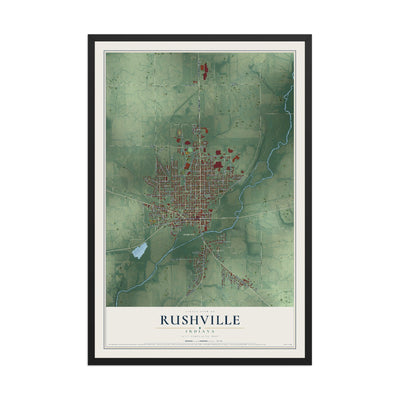 Map of Rushville, Indiana, 12 x 18 inch print in a black wood frame