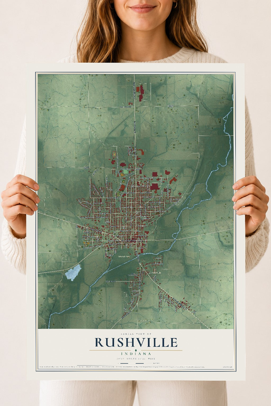 Map of Rushville, Indiana, 18 x 24 inch unframed archival matte print