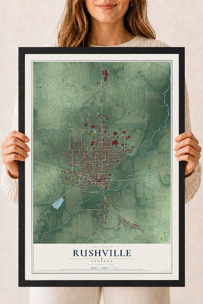 Map of Rushville, Indiana, 18 x 24 inch print in a black wood frame