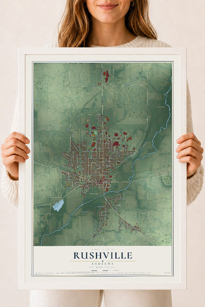 Map of Rushville, Indiana, 18 x 24 inch print in a white wood frame