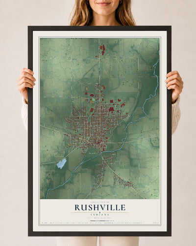 Map of Rushville, Indiana, 24 x 36 inch print in a black wood frame