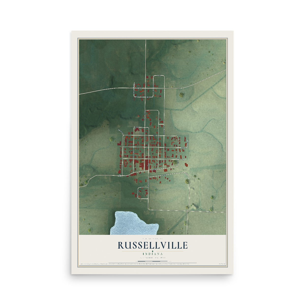 Map of Russellville, Indiana, 12 x 18 inch unframed archival matte print