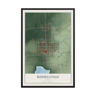 Map of Russellville, Indiana, 12 x 18 inch print in a black wood frame