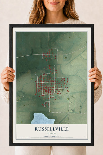 Map of Russellville, Indiana, 18 x 24 inch print in a black wood frame