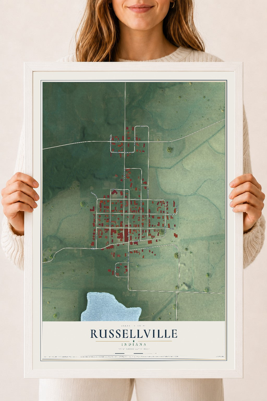Map of Russellville, Indiana, 18 x 24 inch print in a white wood frame