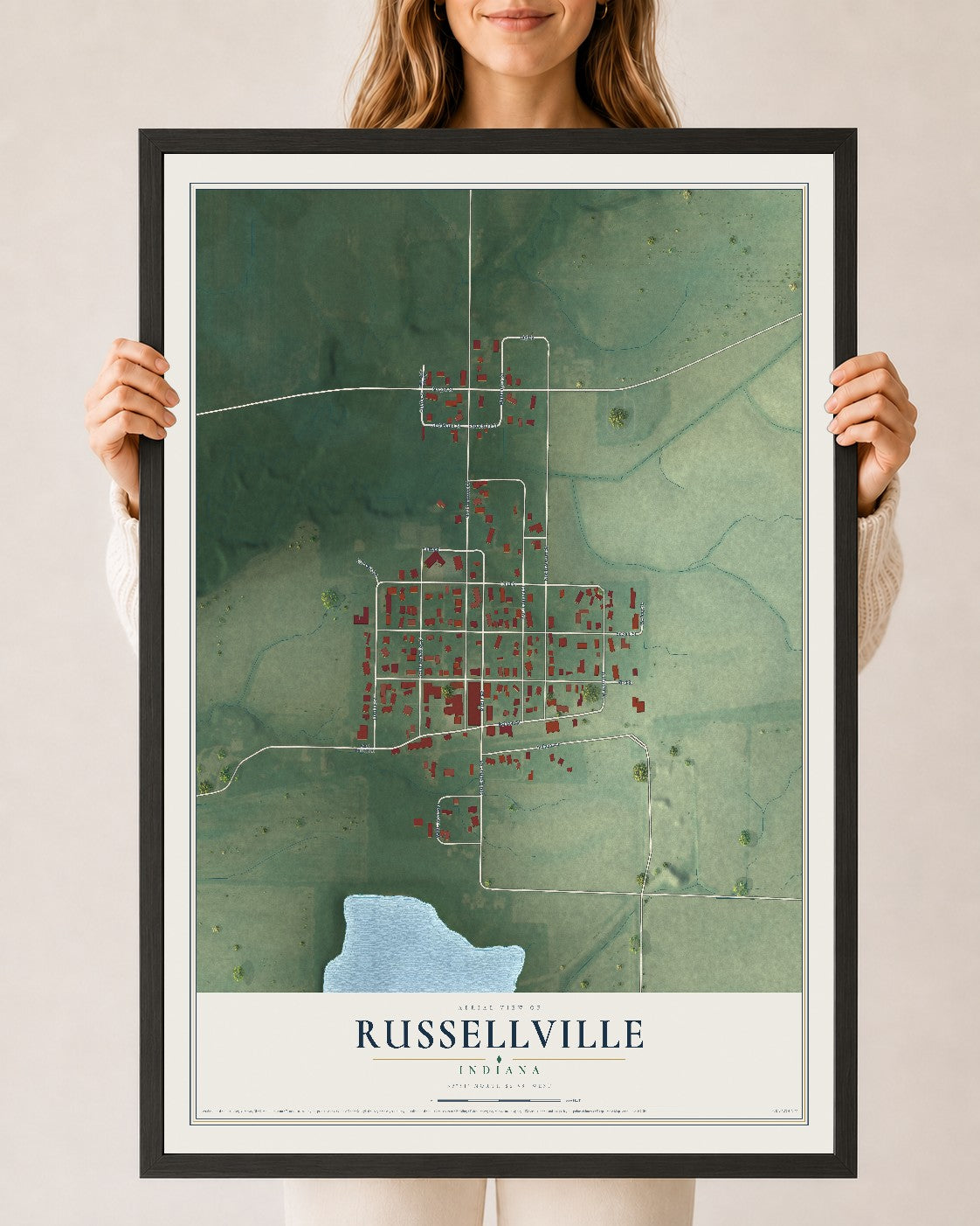 Map of Russellville, Indiana, 24 x 36 inch print in a black wood frame