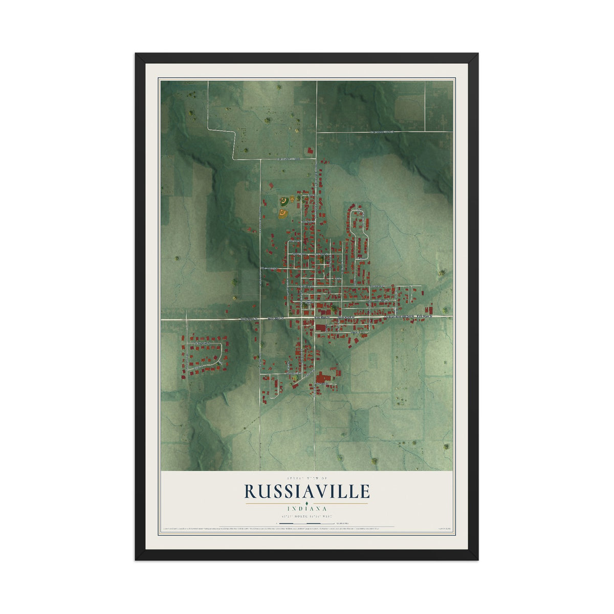 Map of Russiaville, Indiana, 12 x 18 inch print in a black wood frame