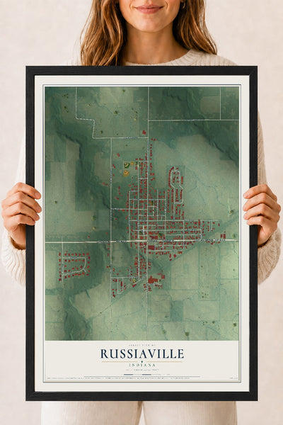 Map of Russiaville, Indiana, 18 x 24 inch print in a black wood frame