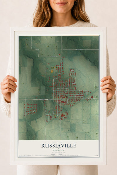 Map of Russiaville, Indiana, 18 x 24 inch print in a white wood frame
