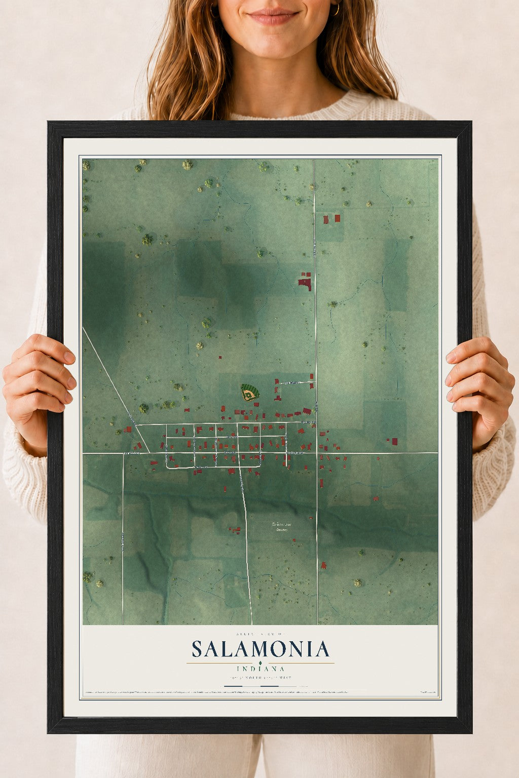 Map of Salamonia, Indiana, 18 x 24 inch print in a black wood frame