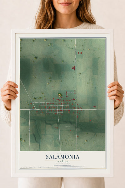 Map of Salamonia, Indiana, 18 x 24 inch print in a white wood frame