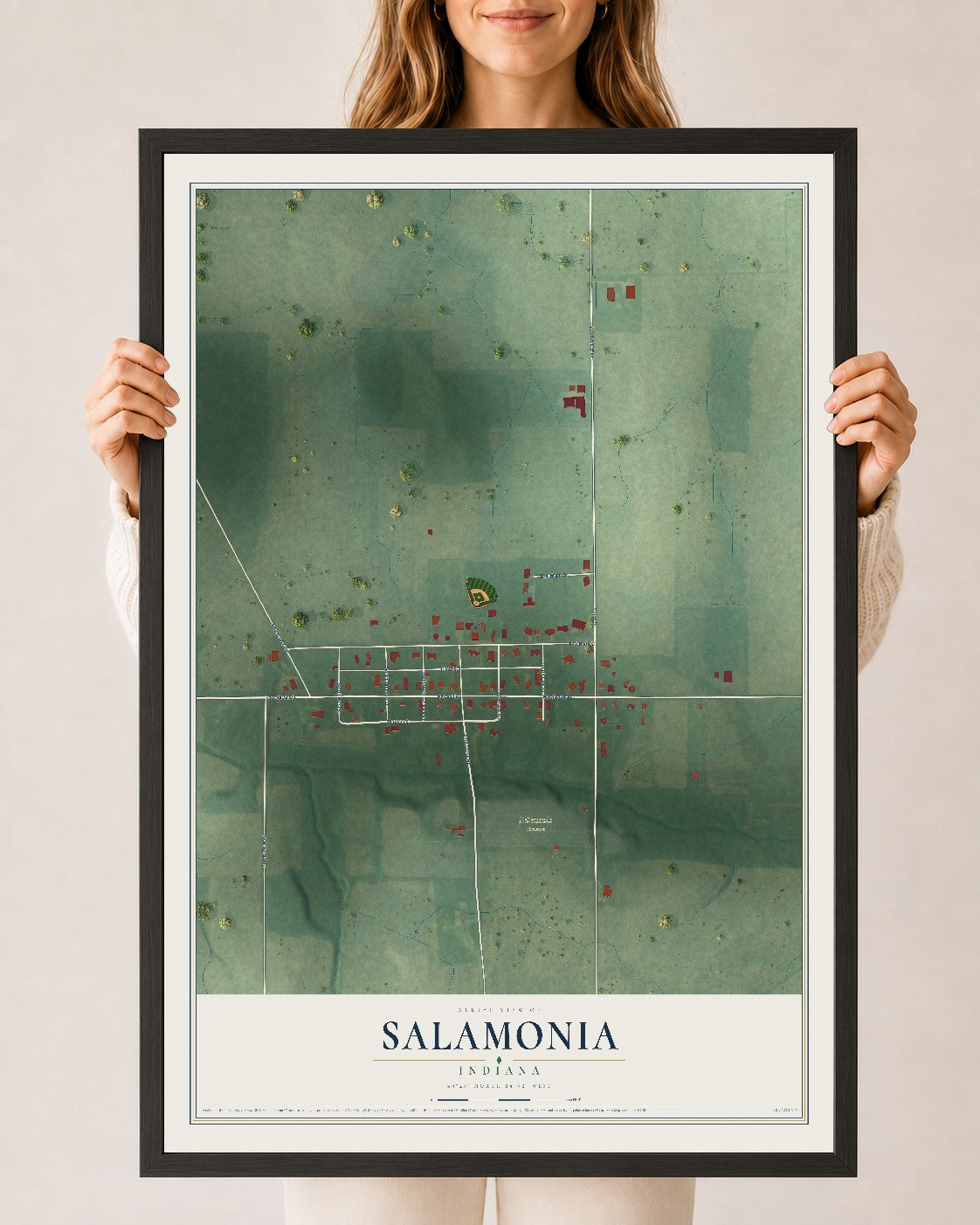 Map of Salamonia, Indiana, 24 x 36 inch print in a black wood frame