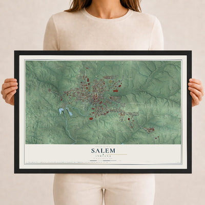 Map of Salem, Indiana, 12 x 18 inch print in a black wood frame