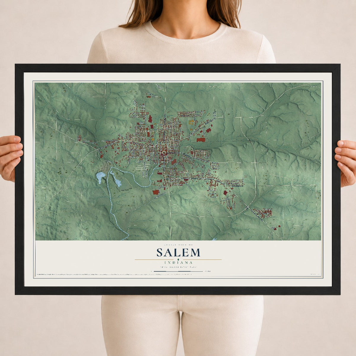 Map of Salem, Indiana, 18 x 24 inch print in a black wood frame