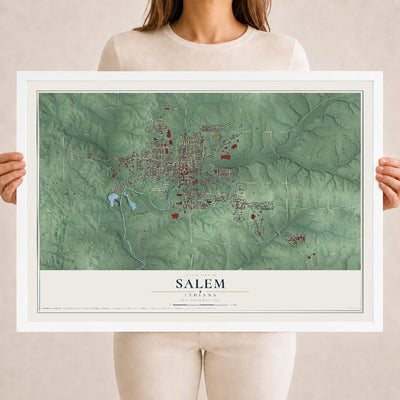 Map of Salem, Indiana, 18 x 24 inch print in a white wood frame