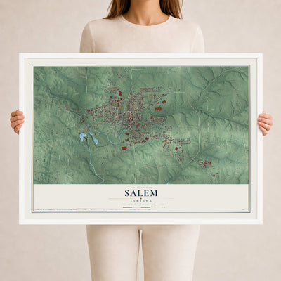 Map of Salem, Indiana, 24 x 36 inch print in a white wood frame