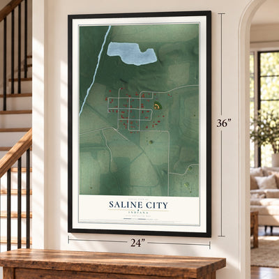Saline City, Indiana map, 24 x 36 inch print in a black frame by a staircase