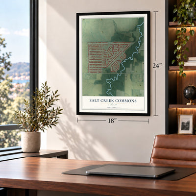 Salt Creek Commons, Indiana map, 18 x 24 inch print in a black frame in a home office
