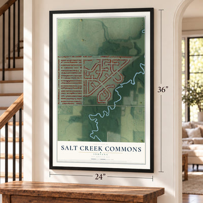 Salt Creek Commons, Indiana map, 24 x 36 inch print in a black frame by a staircase