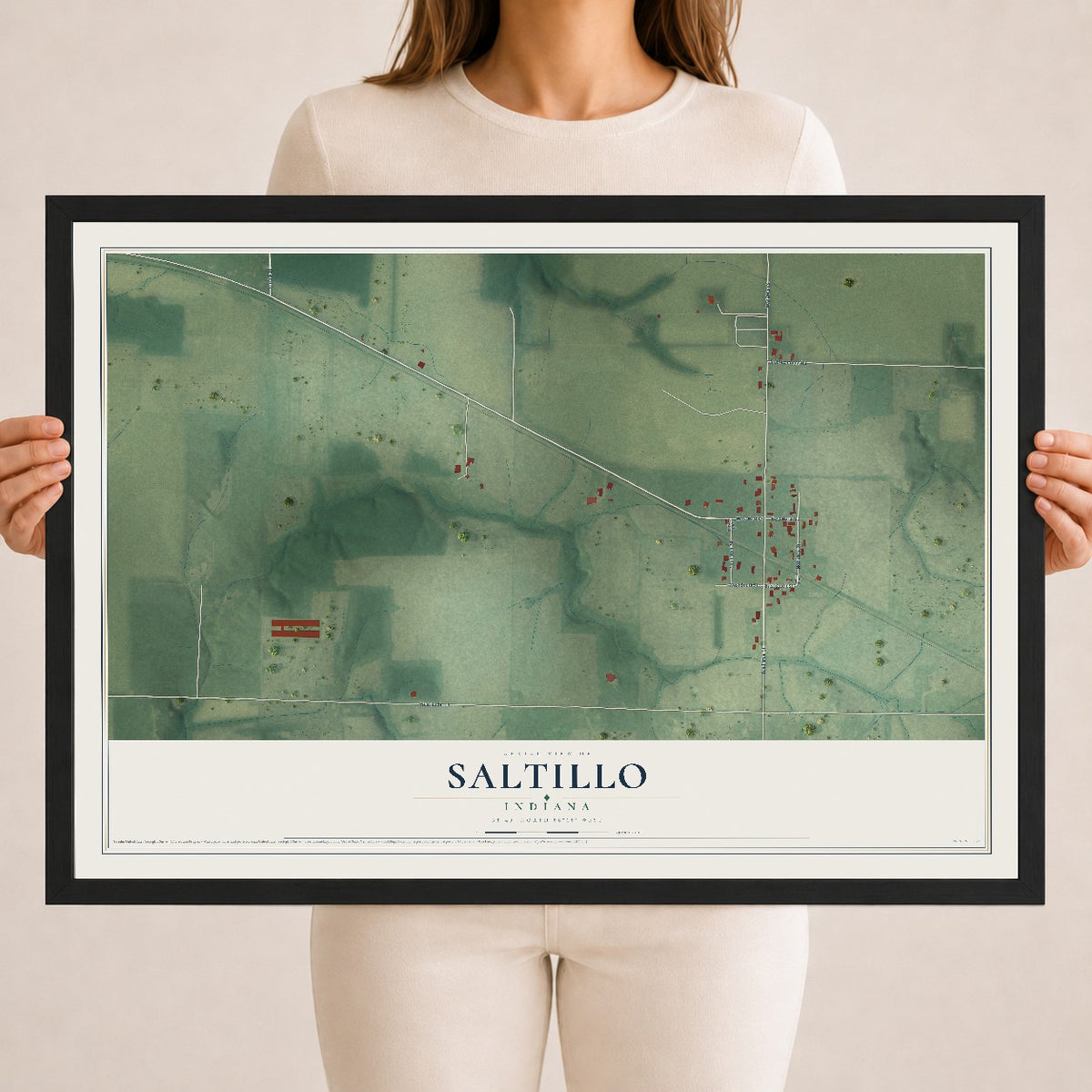 Map of Saltillo, Indiana, 18 x 24 inch print in a black wood frame