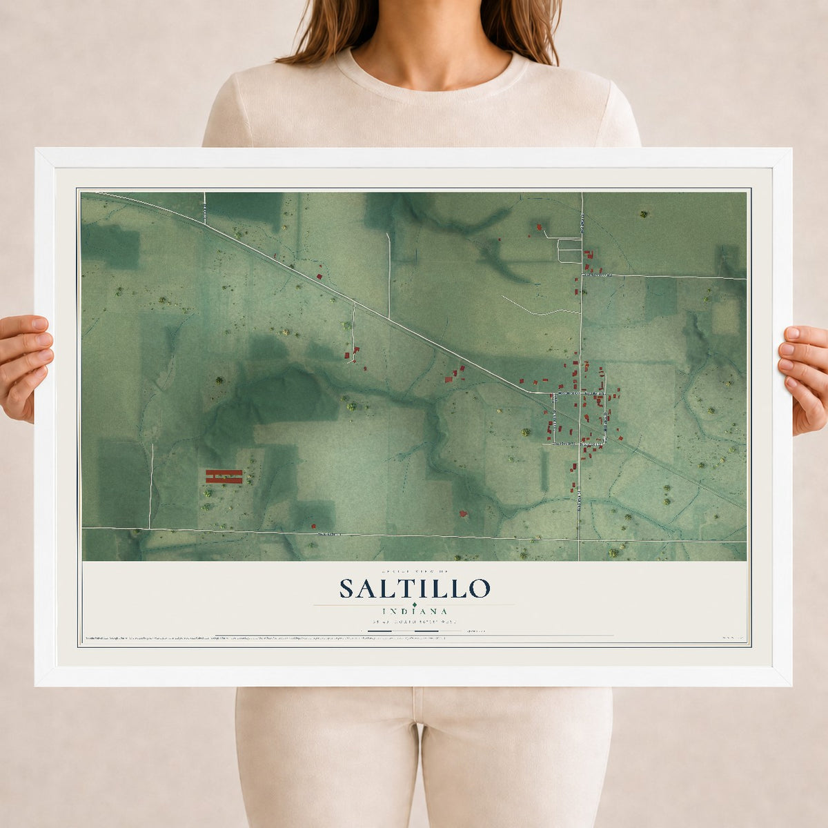 Map of Saltillo, Indiana, 18 x 24 inch print in a white wood frame