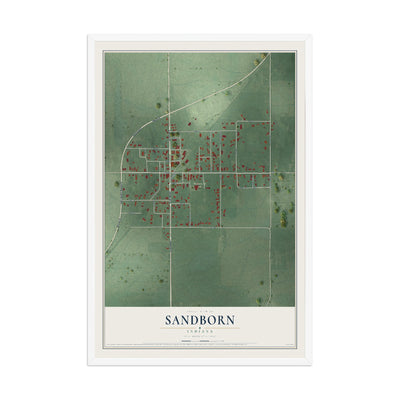 Map of Sandborn, Indiana, 12 x 18 inch print in a white wood frame