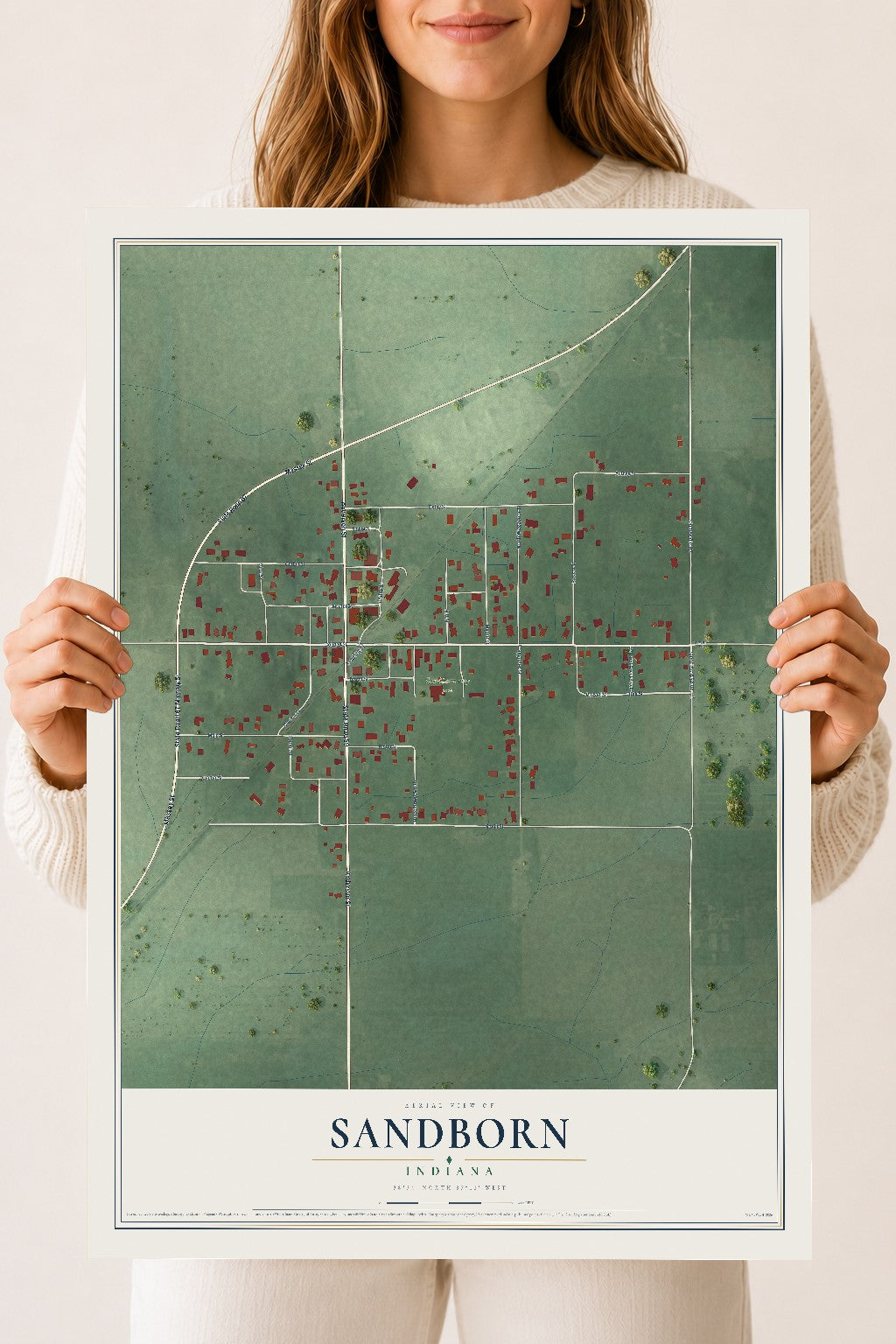 Map of Sandborn, Indiana, 18 x 24 inch unframed archival matte print