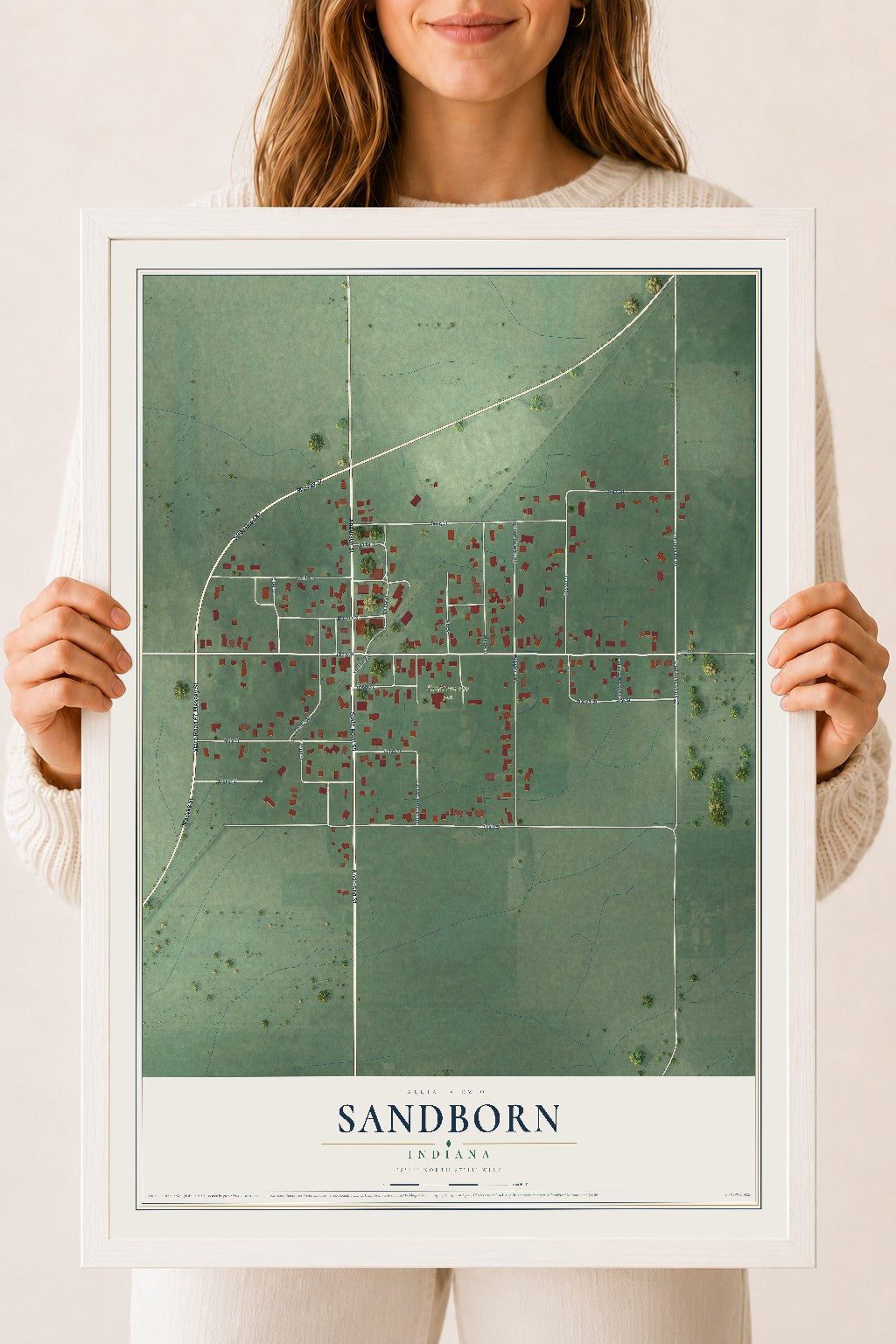 Map of Sandborn, Indiana, 18 x 24 inch print in a white wood frame