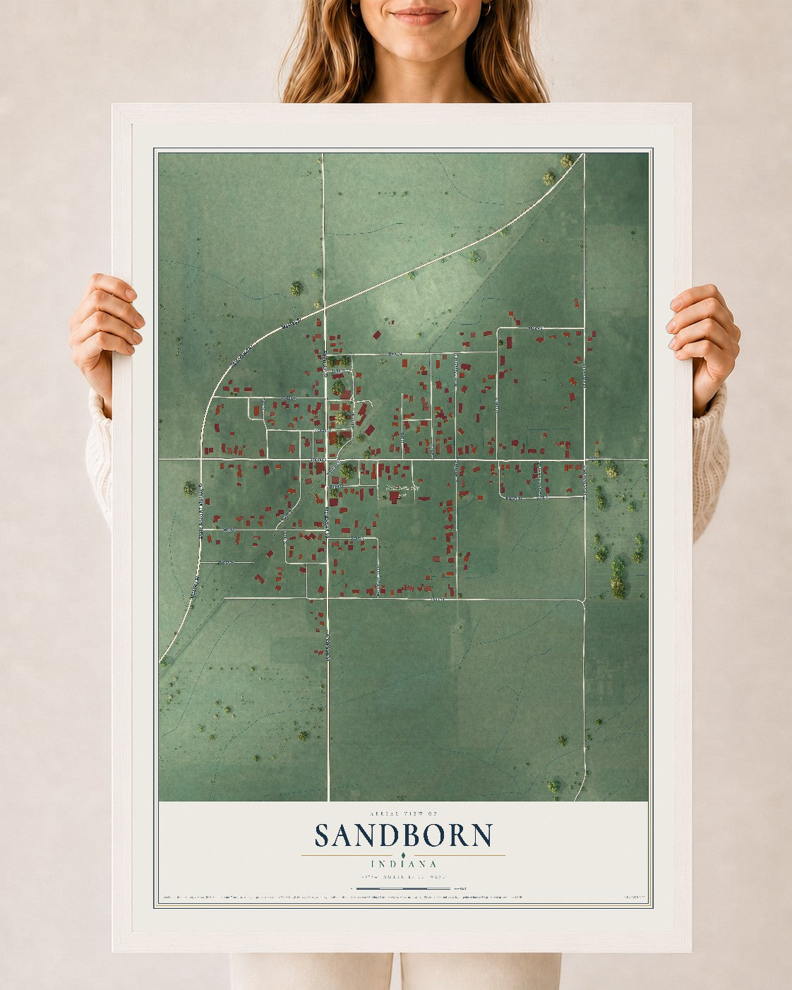 Map of Sandborn, Indiana, 24 x 36 inch print in a white wood frame