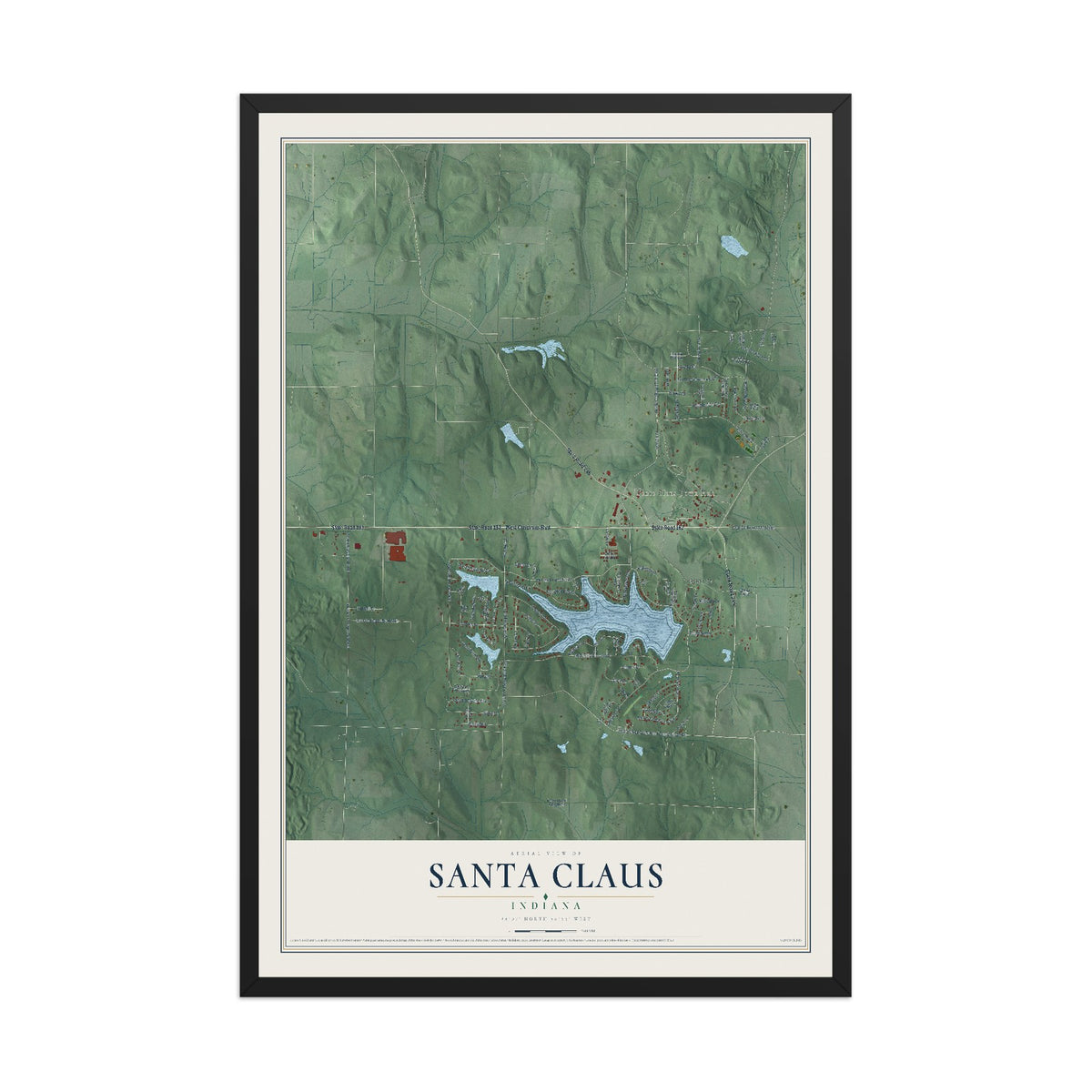 Map of Santa Claus, Indiana, 12 x 18 inch print in a black wood frame