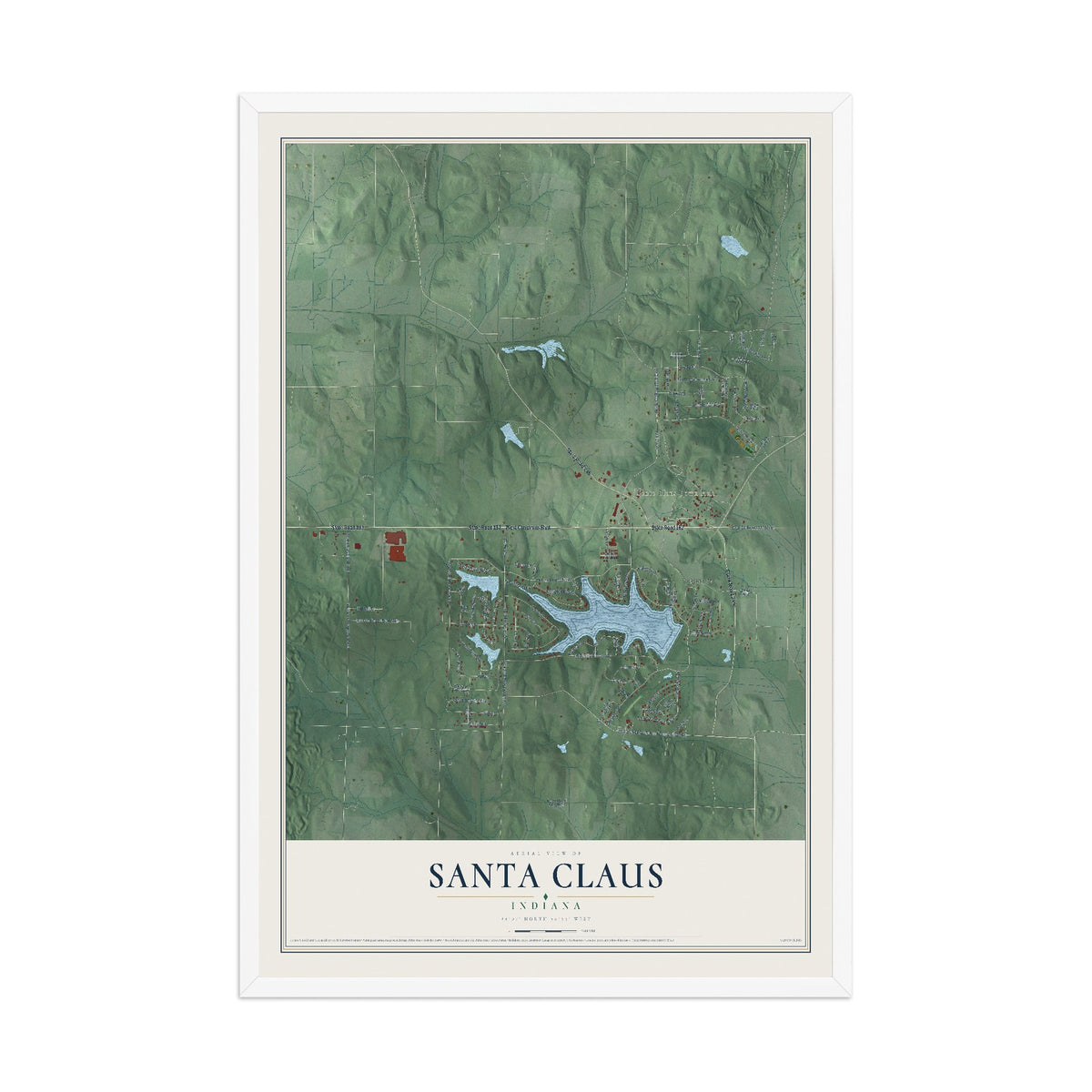 Map of Santa Claus, Indiana, 12 x 18 inch print in a white wood frame