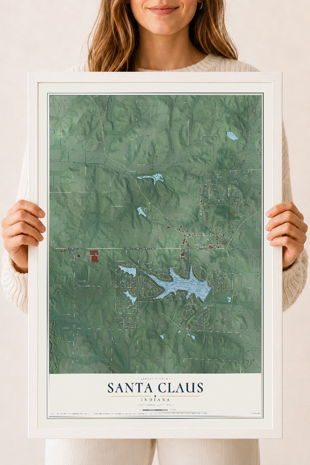 Map of Santa Claus, Indiana, 18 x 24 inch print in a white wood frame