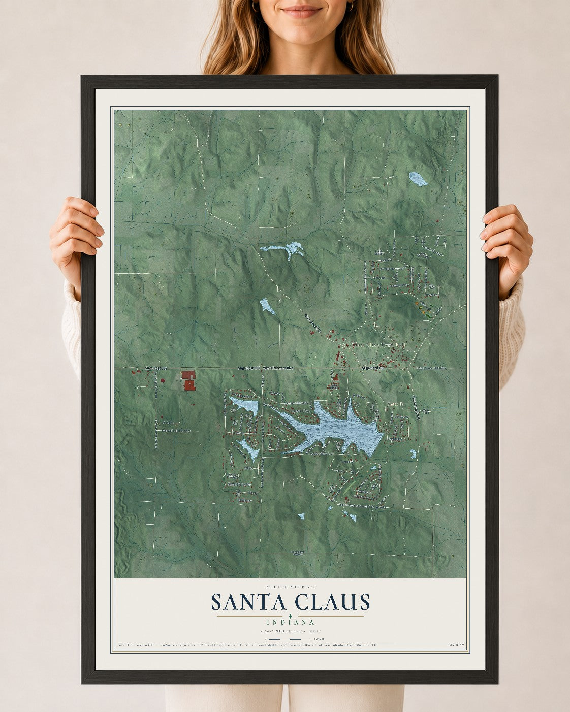 Map of Santa Claus, Indiana, 24 x 36 inch print in a black wood frame